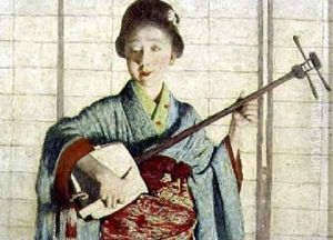 A Primrose Dame a Japanese Girl Playing a Samisen by Mortimer Ludington Menpes