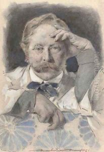 Self portrait of the artist, bust-length, leaning on a sofa by Mortimer Ludington Menpes