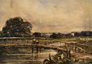 Figures On A Bridge Over A Tranquil Stream With Woodland And Cottages Beyond