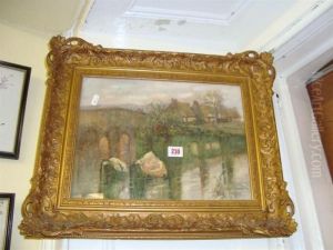 River Bridge Flanked By Cottages by Claude Hayes