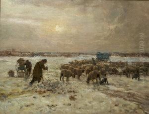 Farmers Cutting Turnip In Winter Landscape To Feed Sheep by Claude Hayes