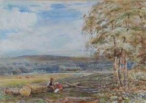 'shepherds Driving Their Flock In An Extensive Landscape With
Church In The Distance