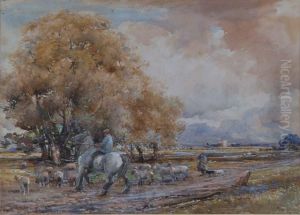Shepherds Driving Their Flock In An Extensive Landscape With Church In The Distance by Claude Hayes