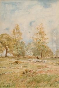 A Shepherd And His Flock On A Rural Path by Claude Hayes