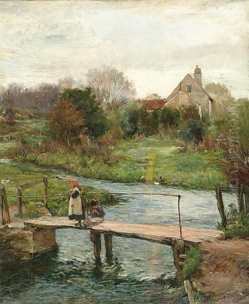Children On A Bridge With A Cottage - view 1