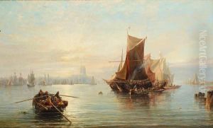 A Continental Port At Sunset With Shippingmoored In The Foreground