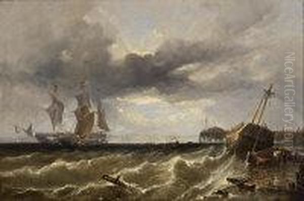 Shipwreck On A Shore, With Sailing Ships In A Bay - view 1