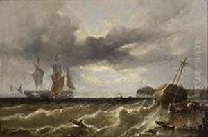 Shipwreck On A Shore, With Sailing Ships In A Bay