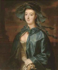 Portrait of a lady, half-length, in a blue silk cape and hat by Henry Robert Morland
