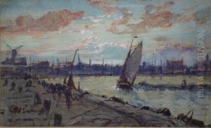 A Sea Port With Boats And Figures On A Quayside