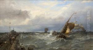 A Stormy Day With Sailing Boats Off A Pier by Edwin Hayes