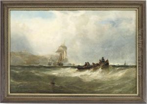 Fishermen Hauling In Their Nets, With Merchant Shipping Coming Outof A Port Beyond by Edwin Hayes