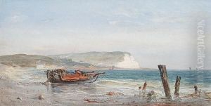 Fishing Boat On The Shore With White Cliffs Beyond by Edwin Hayes