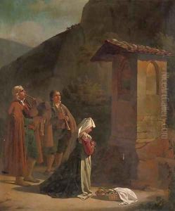 Musicians by a roadside chapel by Jan Baptist Lodewyck Maes