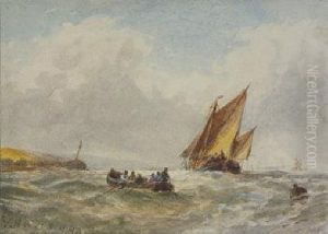 Figures In A Rowing Boat With Shipping Nearby Figures In A Rowing Boat With Shipping Nearby
