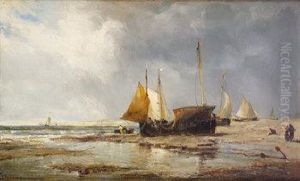 Figures With Shipping In Coastal Landscape Figures With Shipping In Coastal Landscape