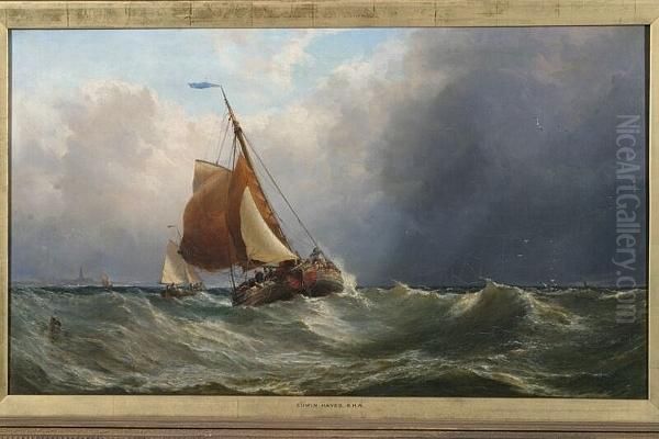 Dutch Barges In A Stiff Breeze Off The Coast, Signed And Dated 1869 - view 1