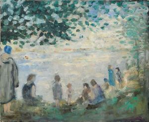 Femmes Et Enfant Au Bord De L'etang by Louis Hayet