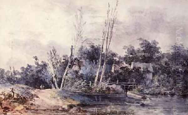 Cottages and willow by a stream with figures - view 1