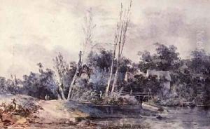 Cottages and willow by a stream with figures by Louis-Gabriel Moreau the Elder