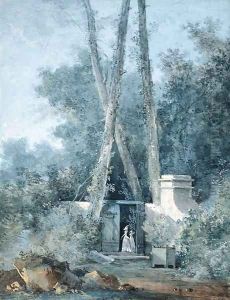 A walled garden with two ladies by a wooden doorway by Louis-Gabriel Moreau the Elder
