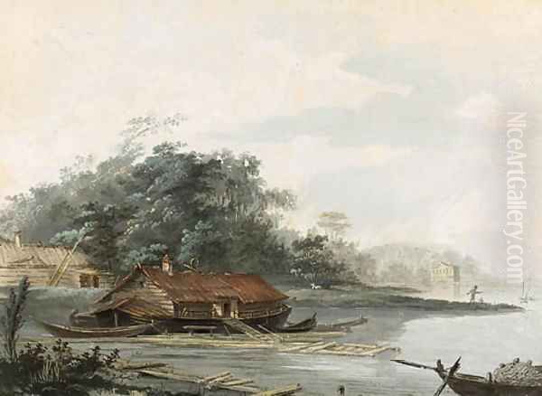 A Lake with a House Boat and Farm Buildings - view 1