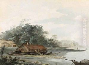 A Lake with a House Boat and Farm Buildings by Louis-Gabriel Moreau the Elder