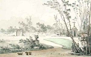 An English Garden decorated with a Pagoda, a Vase and a Globe on Pilasters by Louis-Gabriel Moreau the Elder