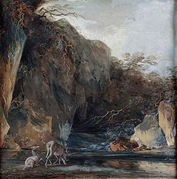 A stag and a hind at a stream below cliffs - view 1