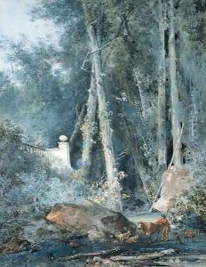 The walls of a garden at the edge of a forest with a piping farmer's boy and animals in the foreground by Louis-Gabriel Moreau the Elder