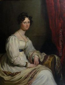 Portrait Of A Young Lady Wearing A White Dress With Blue Sash Seated In An Interior