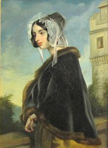A Portrait Of A Woman Wearing A Fur-trimmed Cloak Standing By A Balustrade