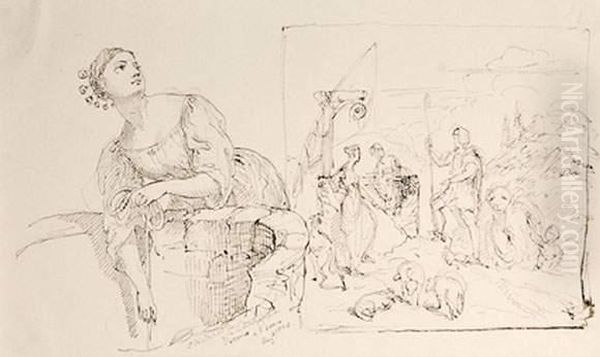 Jeune Femme Tirant De L'eau Du Puits - view 1
