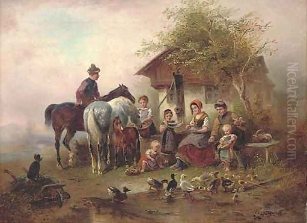 A family before a country cottage - view 1