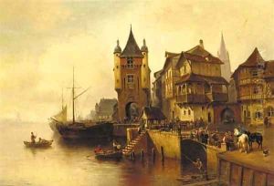 A busy Dutch port by Wilhelm Alexander Meyerheim