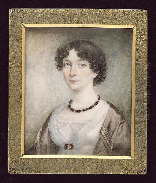 A Lady, Called Mary, Wearing
Pale Pink Dress Trimmed With White Lace And With A Jewelled Clasp At Her
Waistband, Bead Necklace, A Light Brown Embroidered Shawl Around Her
Shoulders - view 1