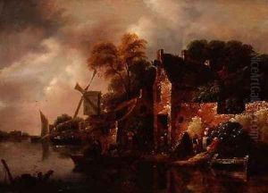 Houses and a Windmill by a River with Boats and Fisherfolk