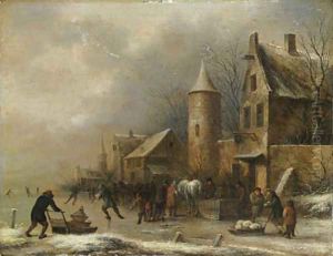 Peasants skating on a frozen river by an inn by a watchtower