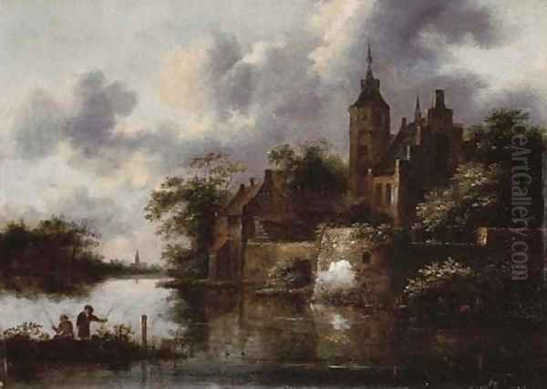 A river landscape with a rowing boat by a fortified town, anglers in the foreground - view 1