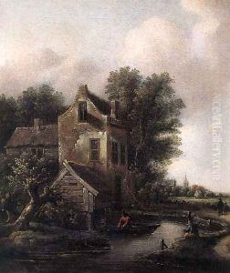 A fisherman in a rowing boat on a moat by a fortified mansion, peasants on a sandy track nearby A fisherman in a rowing boat on a moat by a fortified mansion, peasants on a sandy track nearby