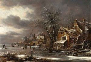 A winter landscape with skaters on a frozen river by a village