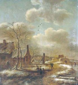 A winter landscape with travellers before a farm, a stone bridge beyond