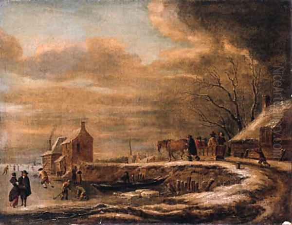 A winterlandscape with a horse-drawn sledge on a road by a farmhouse, kolfers and skaters on a frozen waterway nearby - view 1