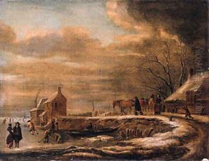 A winterlandscape with a horse-drawn sledge on a road by a farmhouse, kolfers and skaters on a frozen waterway nearby