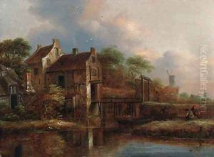 Fishermen unloading lobsterpots by a boathouse by Claes Molenaar (see Molenaer)