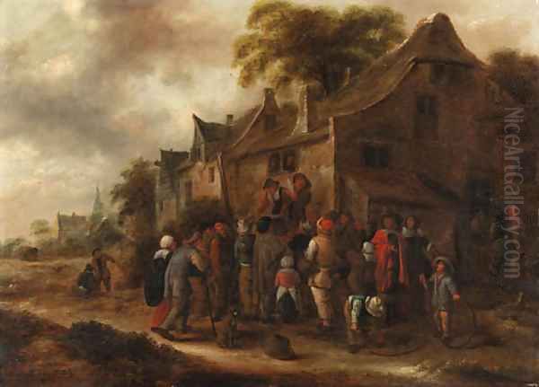 Peasant players in a village street - view 1