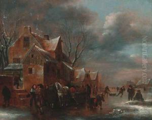 Travellers and villagers on a frozen river by a cottage by Claes Molenaar (see Molenaer)