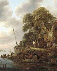 A river landscape with wagons and figures near an inn A river landscape with wagons and figures near an inn