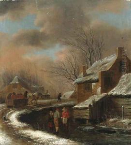 A Winter Landscape with Peasants in a Village, travellers in a cart on a path beyond