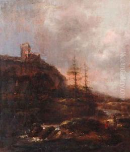 Boors on a riverbank near a waterfall, a ruined castle on a mountain beyond